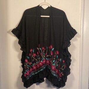 NWT Ethel & Myrtle Floral Embroidered Black Kimono Sz L/XL Boho Gauzy Vacation